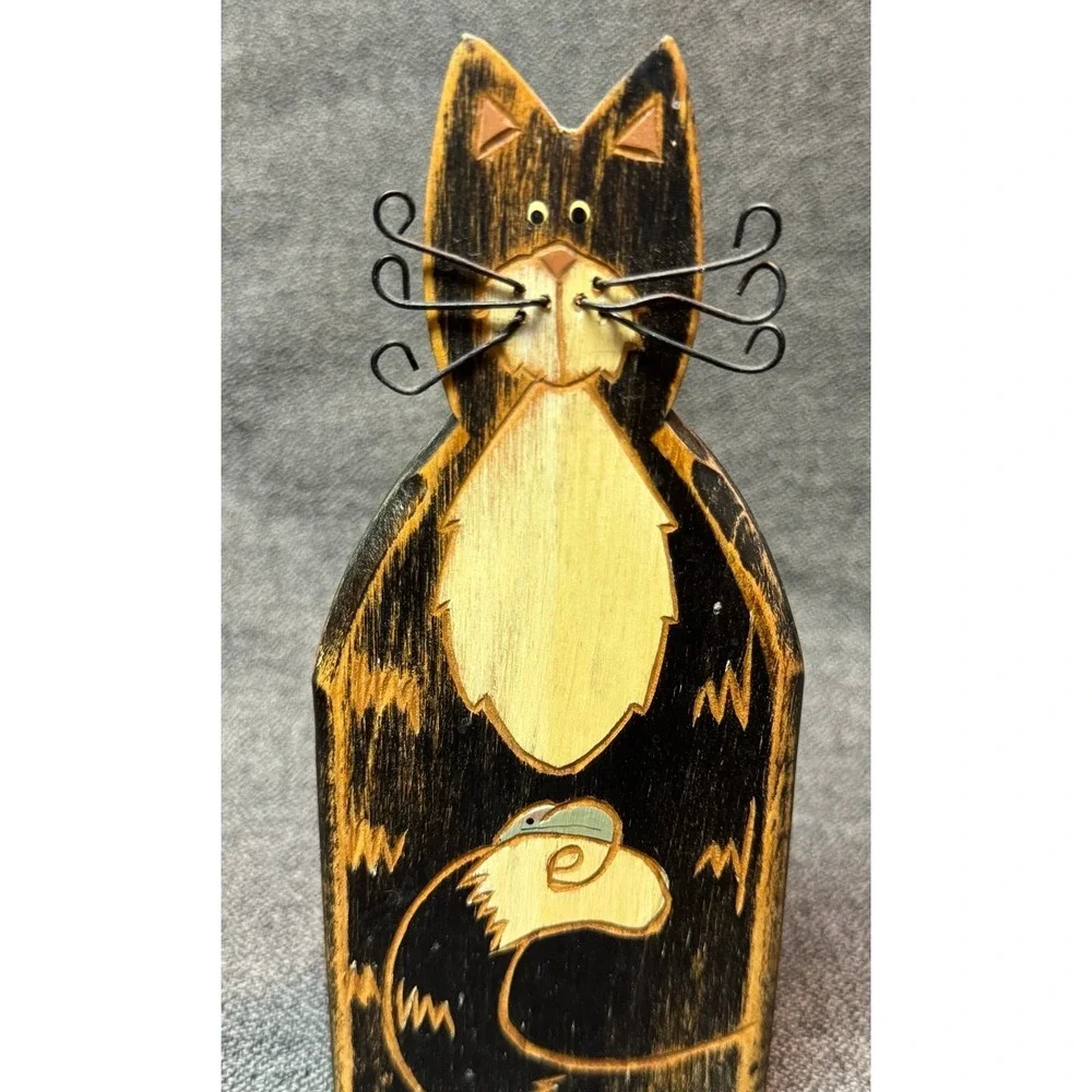 Wood Carved Black Cat Figurine Wire Whiskers Mouse Folk Art Statue Kitten Mice